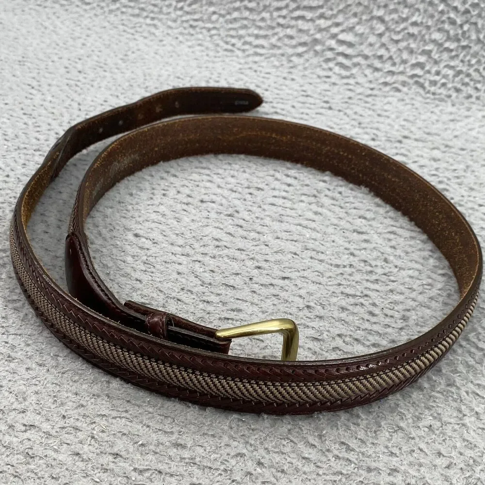 Brighton Leather Camden Canvas Belt Men Brown Size 42 Knit Brass Buckle Corpcore